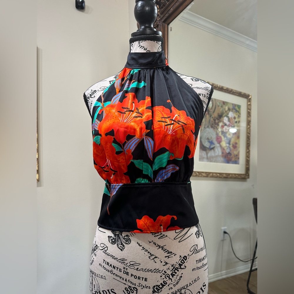 Diane von Furstenberg black with floral design halter  top